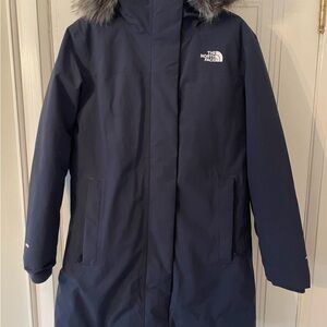 North Face Navy Parka with removable faux fur hood
